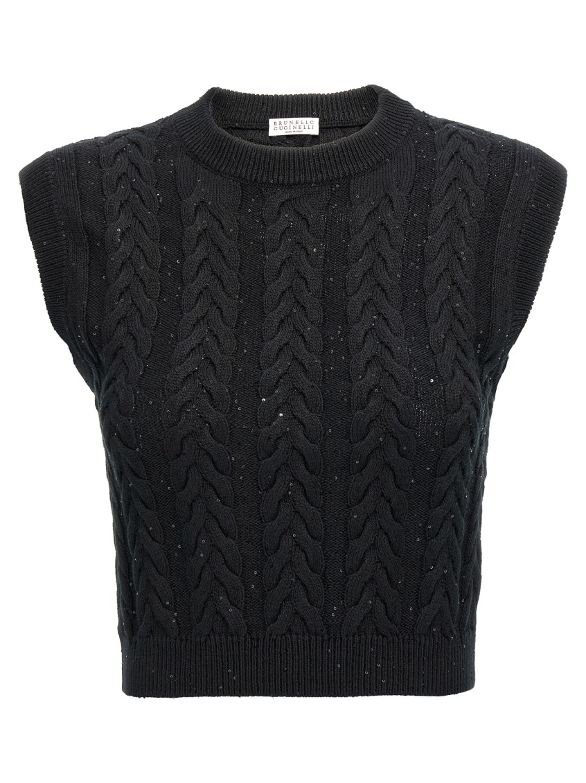 Brunello Cucinelli Black Dazzling Double Cable Knit Vest In Black