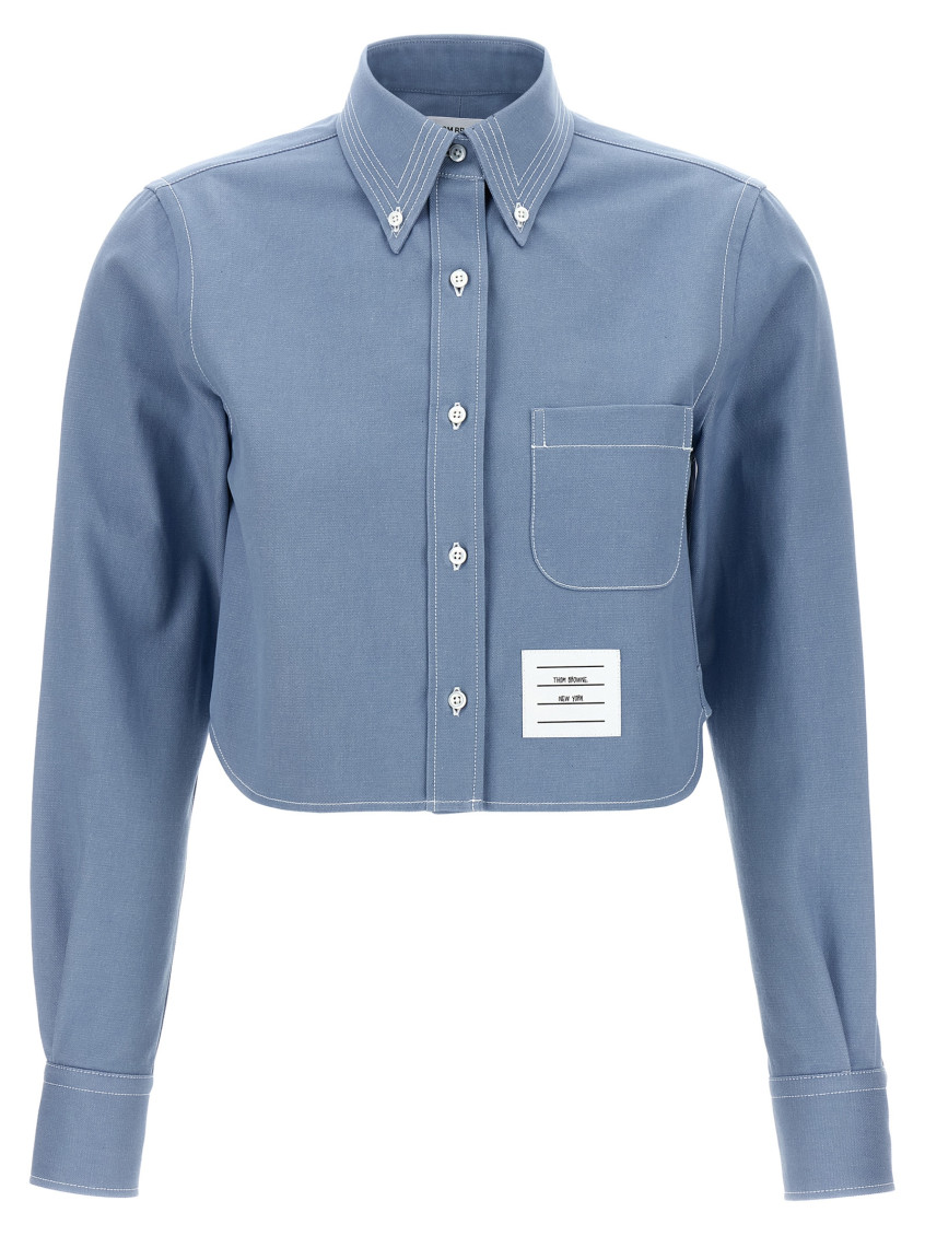 Thom Browne Cropped Denim Shirt With Contrast Stitching In Blue