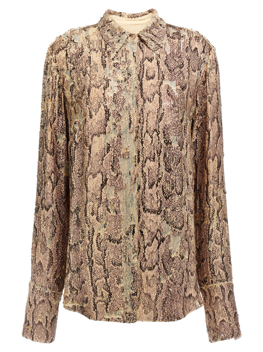 Dries Van Noten Beige Shirt With Beaded Decorations And All-over Print In Fabric Woman In Brown