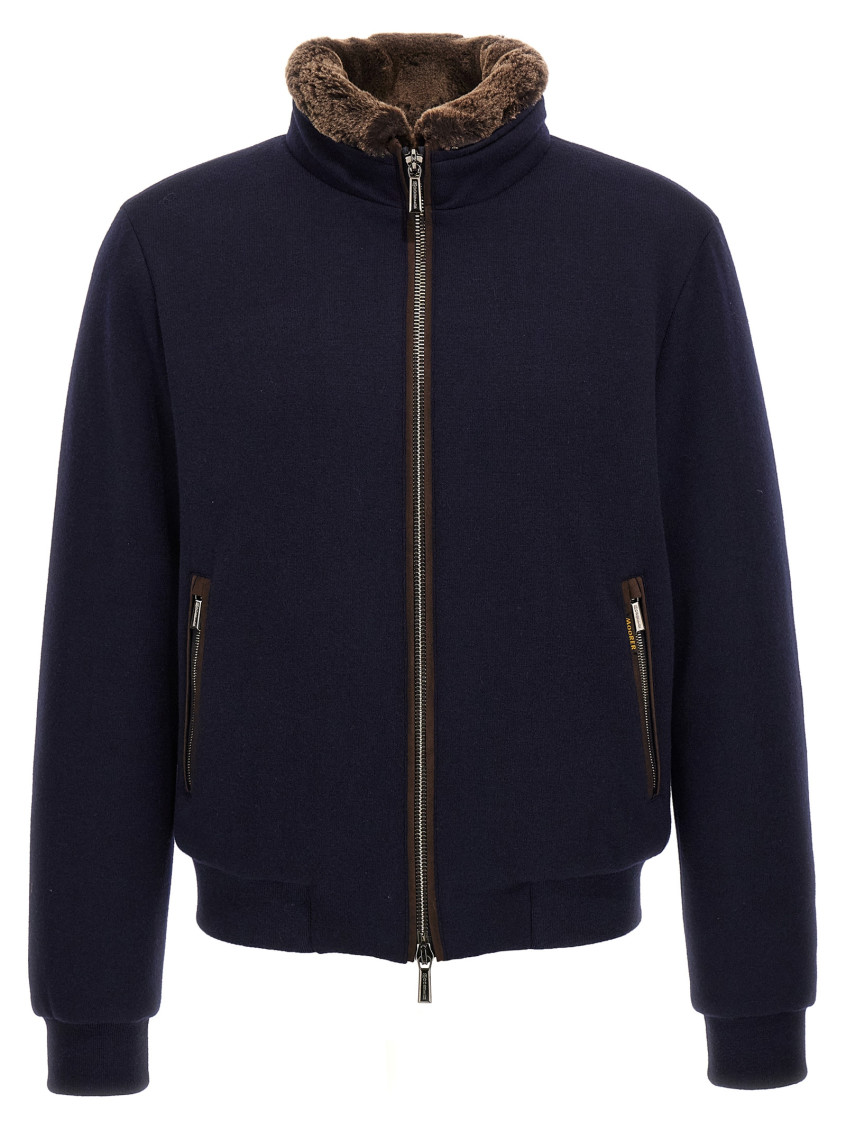 Moorer Padded Fleece Zip-up Jacket With Detachable Faux-fur Collar In Blue