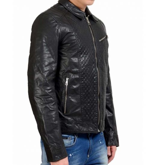 mens black leather jacket with gold zipper