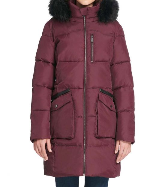 purple fur trim coat