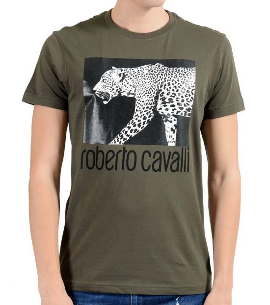 Roberto Cavalli Green Graphic Leopard Crewneck T-Shirt for Men Online ...