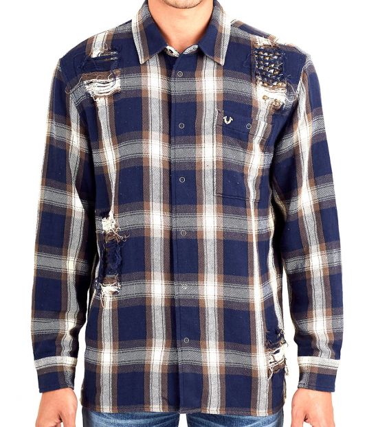 True Religion Navy Blue Loose Fit Plaid 