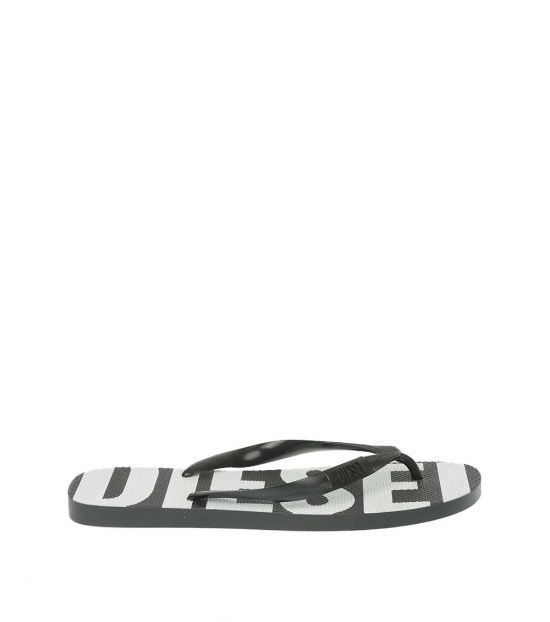 Diesel Black White Logo Print Flip Flops