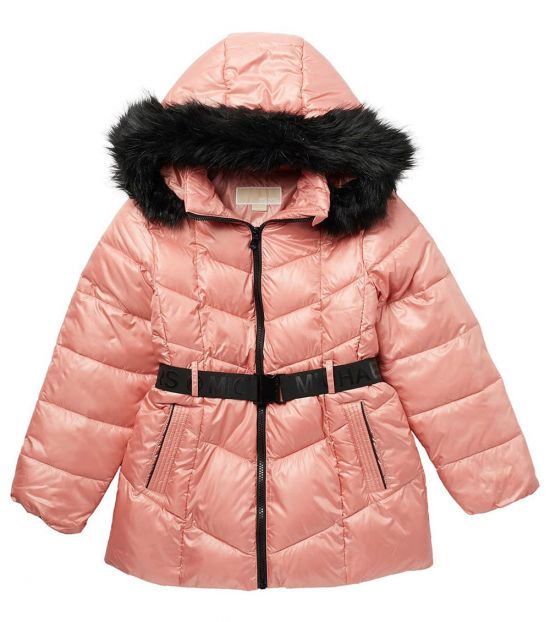 Michael Kors Girls Prim Rose Fur Belted Puffer Jacket
