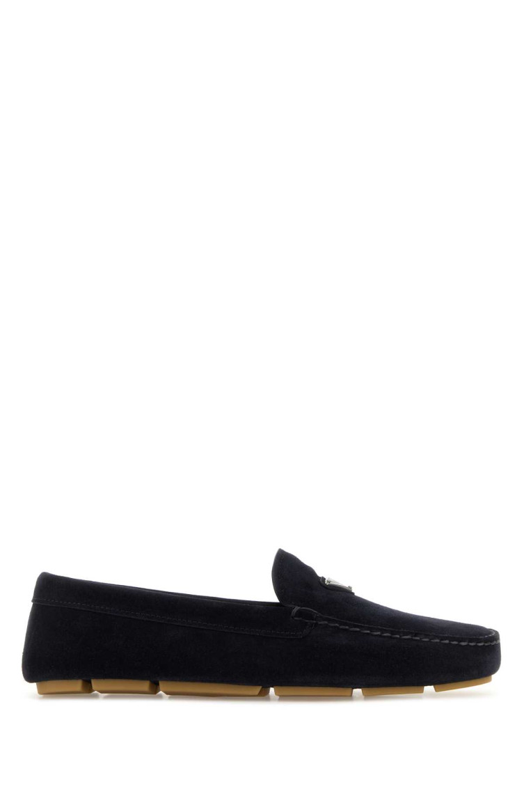 Prada Enamel-triangle-logo Suede Loafers In Navy Blue