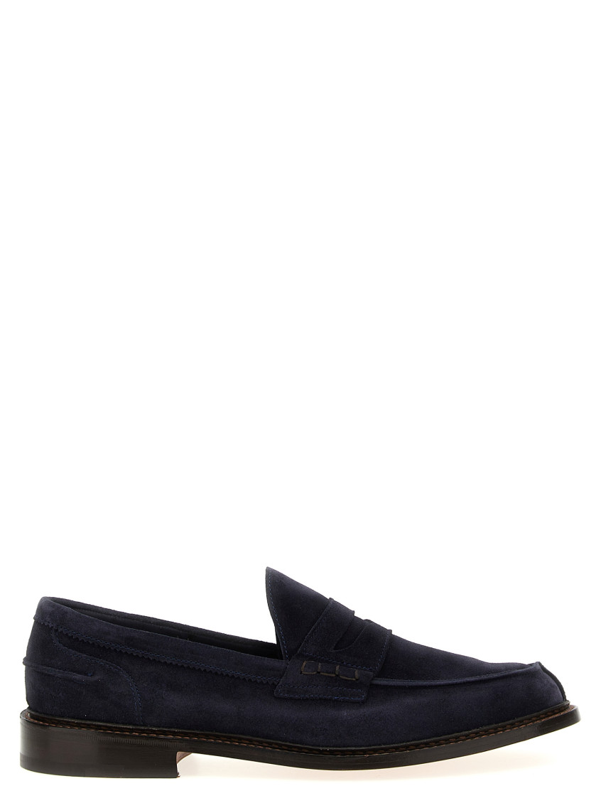 Tricker's Suede Loafers With Round Toe And Penny Strap In Navy Blue