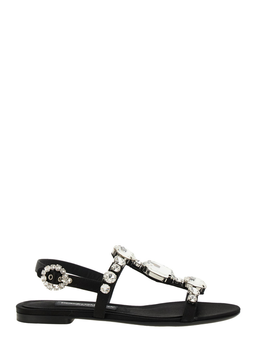 Dolce & Gabbana Black Sandals With Embroidered Stones Decorations In Satin Woman In Black