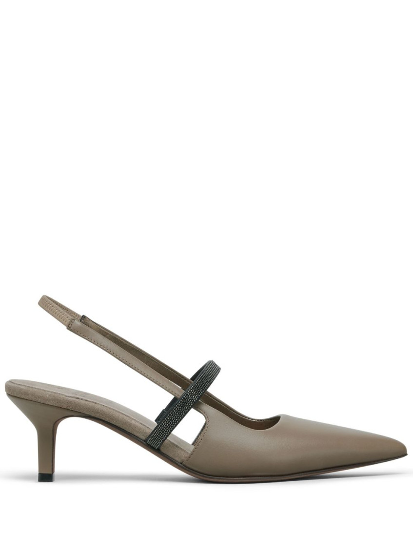 Brunello Cucinelli Grey Nappa Leather Shiny Strap City Slingback In Brown