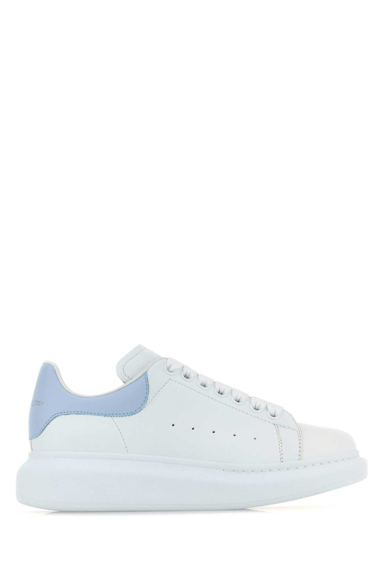 Alexander Mcqueen White Leather Sneakers With Light Blue Leather Heel In Light Blue