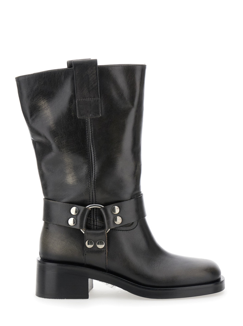 Strategia Black Ankle Boots With Studs And Ring In Leather Woman In Black