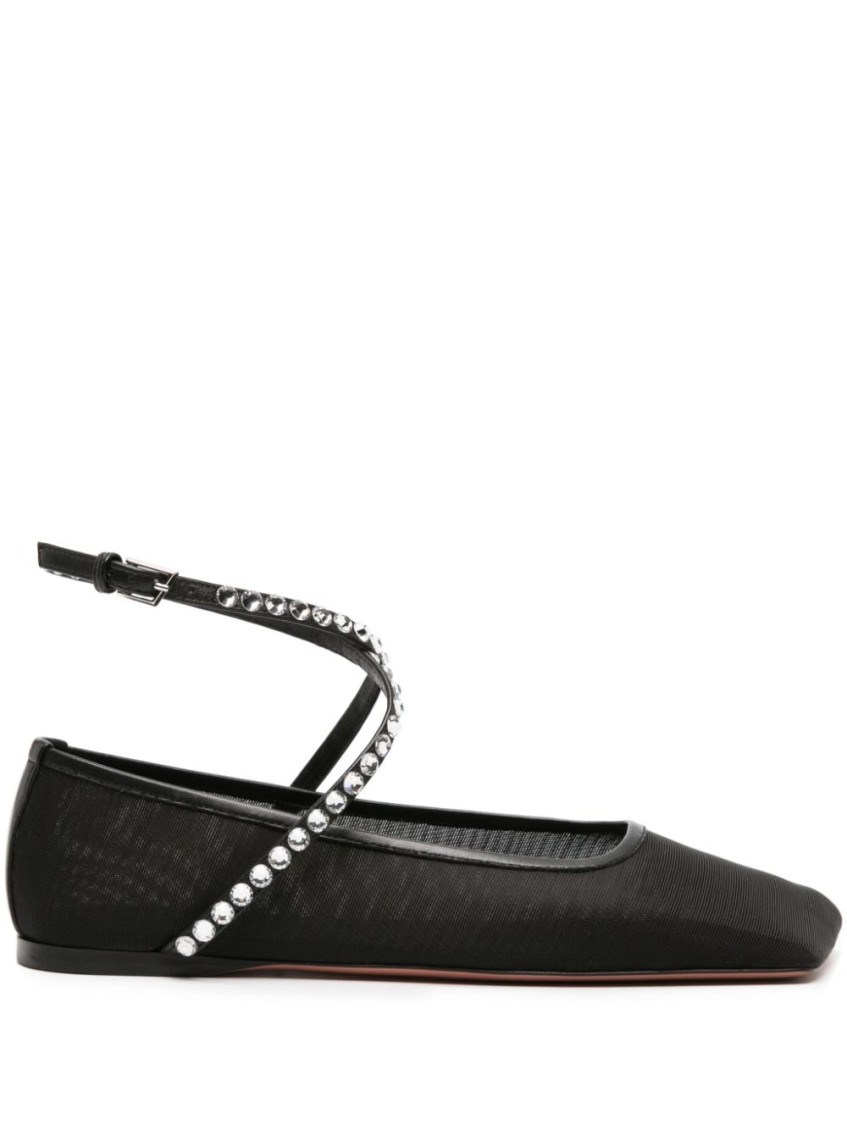 Shop Amina Muaddi Black Ankle Strap Ballet Flats
