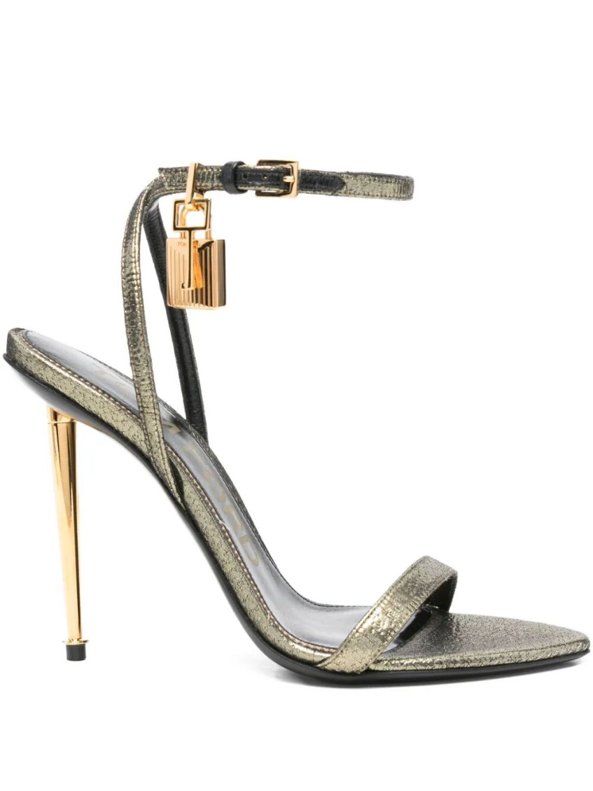 Tom Ford Hammered-effect Fabric Padlock Pointy Naked Sandals Shoes In Gold