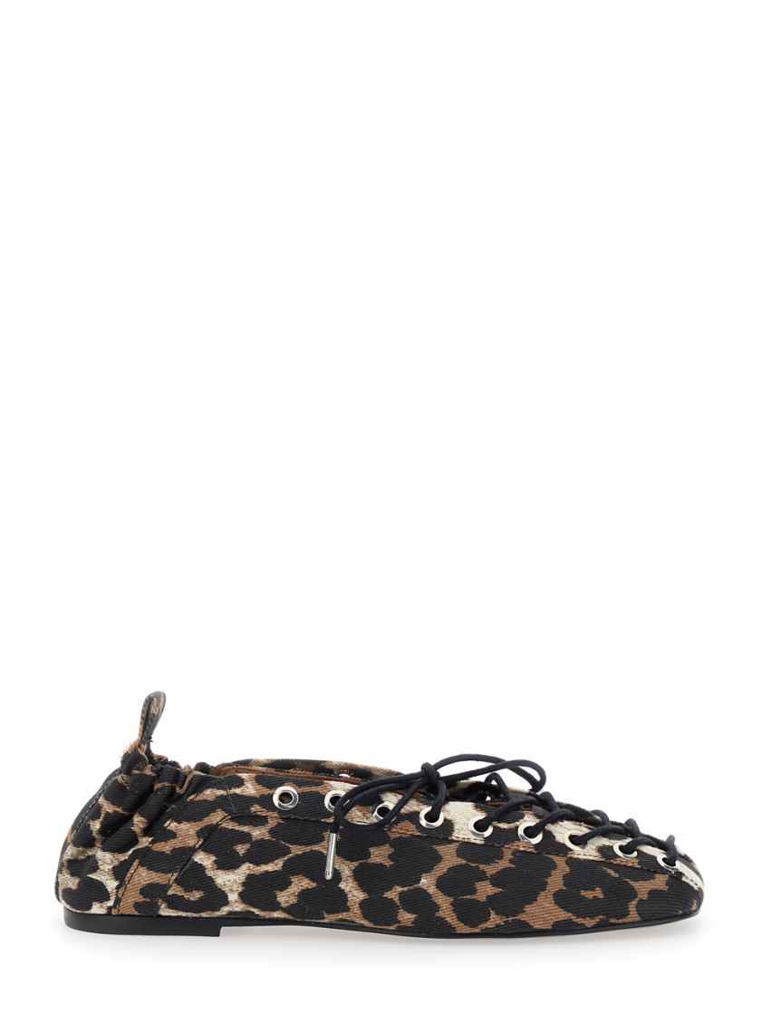 Ganni Leopard Print Lace-up Ballet Flats In Brown