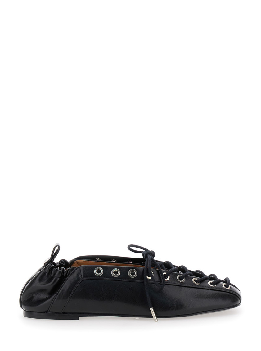 Ganni Black Lace-up Ballet Flats In Black
