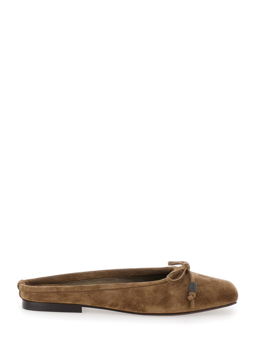 Brunello Cucinelli Beige Ballet Shoes With Square Toe And Bow With Monil Detail In Sand
