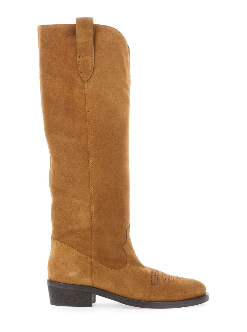 Via Roma 15 Tall Suede Boots With Decorative Cutout In Brown