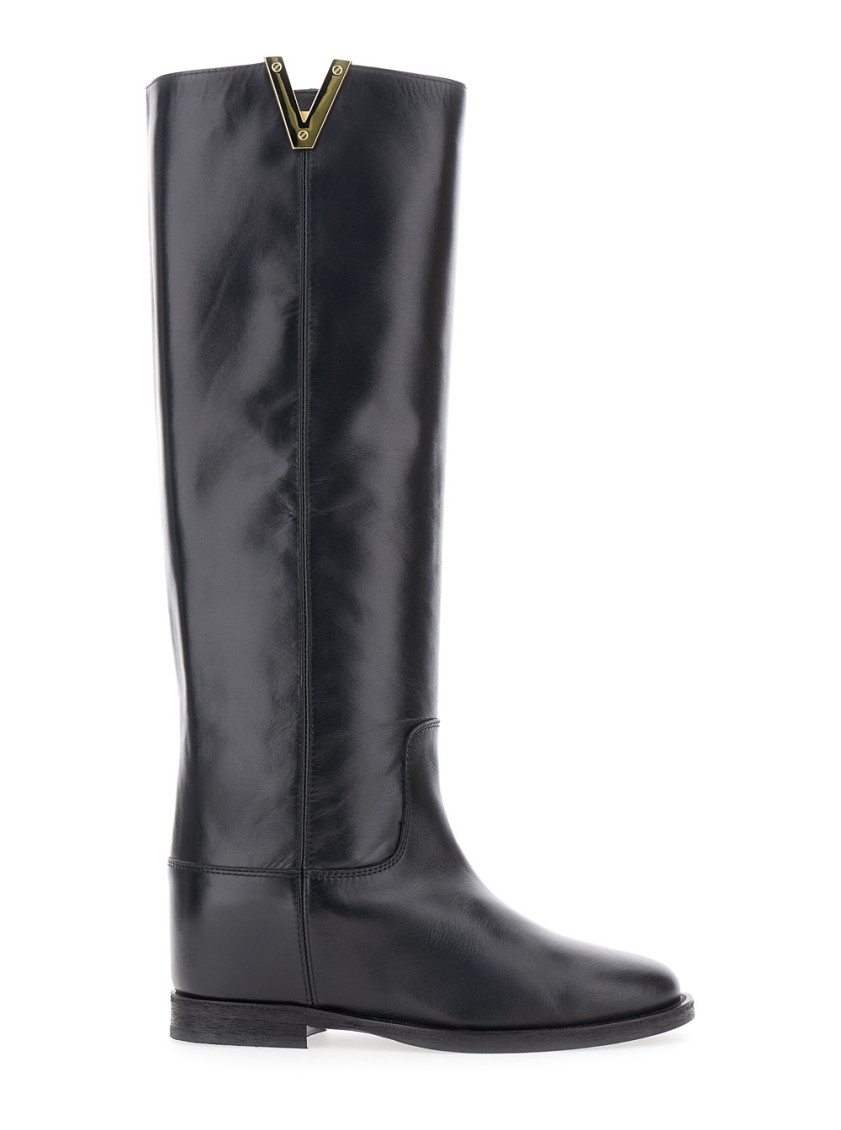 Via Roma 15 Knee-high Boots With Subtle V-gold Accent In Black