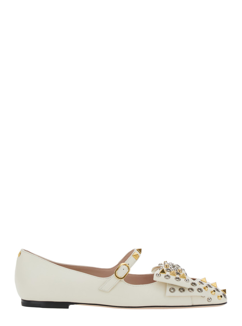 Valentino Mary-jane Bowow Ballerina In Kidskin With Studs In White