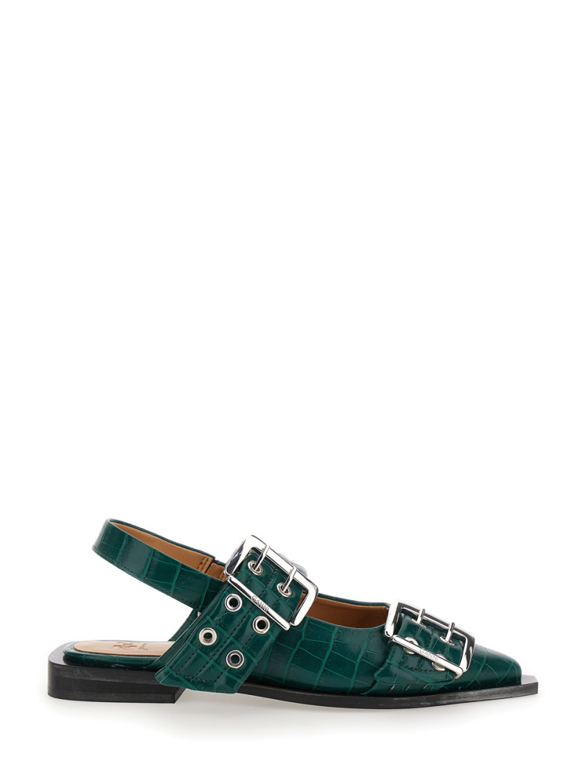Ganni Women Feminine Buckle Ballerina Croco In Green