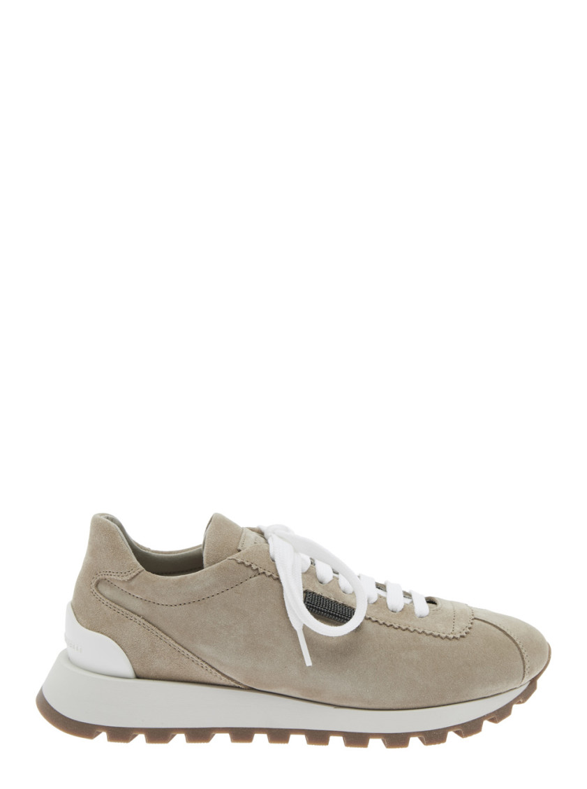 Brunello Cucinelli Beige Low Top Sneakers With Monil Detail On The Side And Embossed Logo Lettering On The Rear In Sand