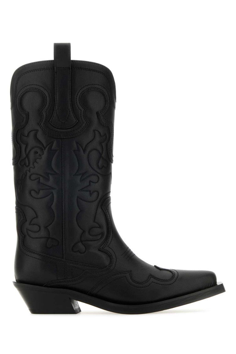 GANNI BLACK MID SHAFT EMBROIDERED BOOT