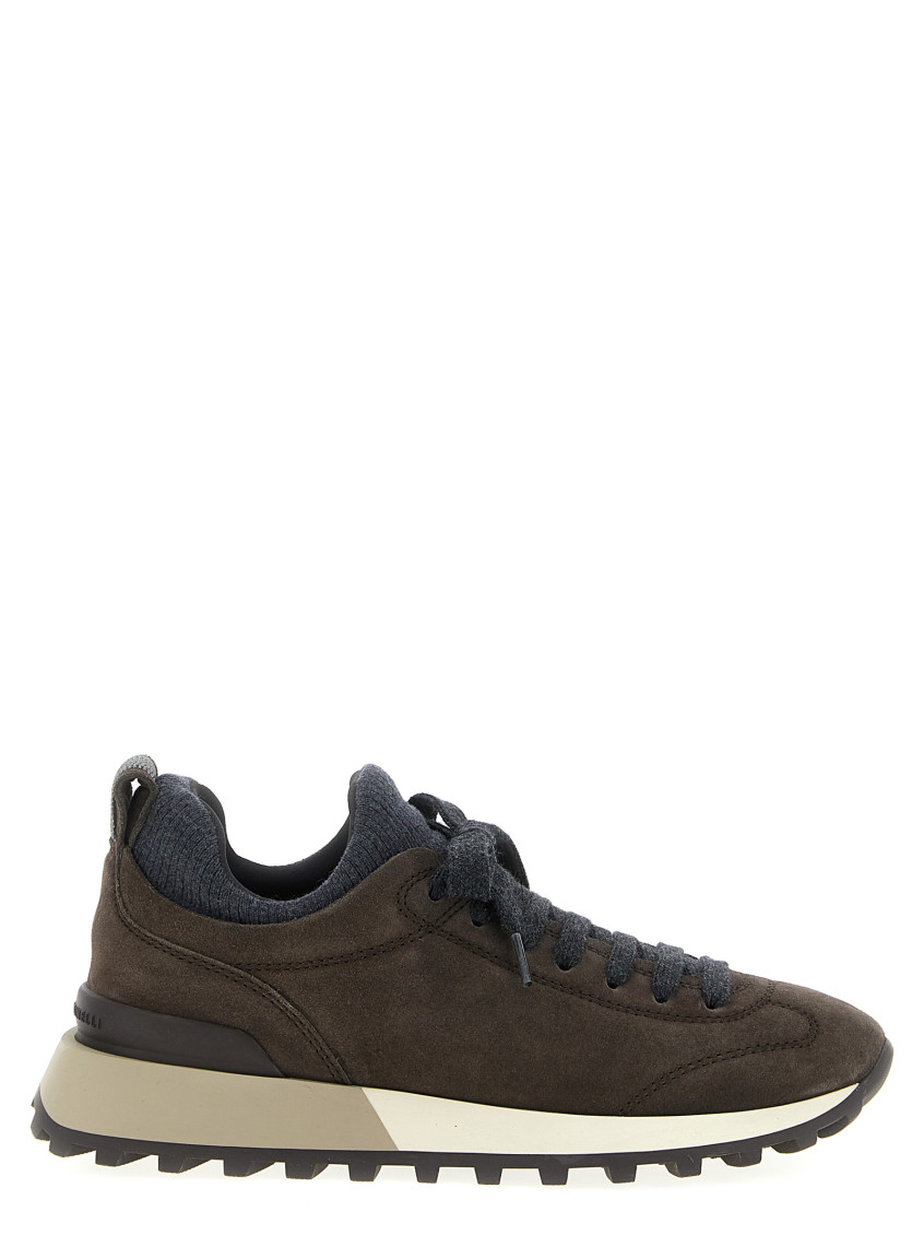 Brunello Cucinelli Suede Flannel Microsole Runner Sneakers With Monili Pull Tab In Brown