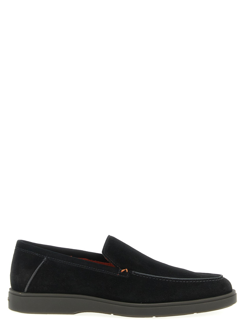 Santoni Suede Loafers With Round Toe And Rubber Sole In Black