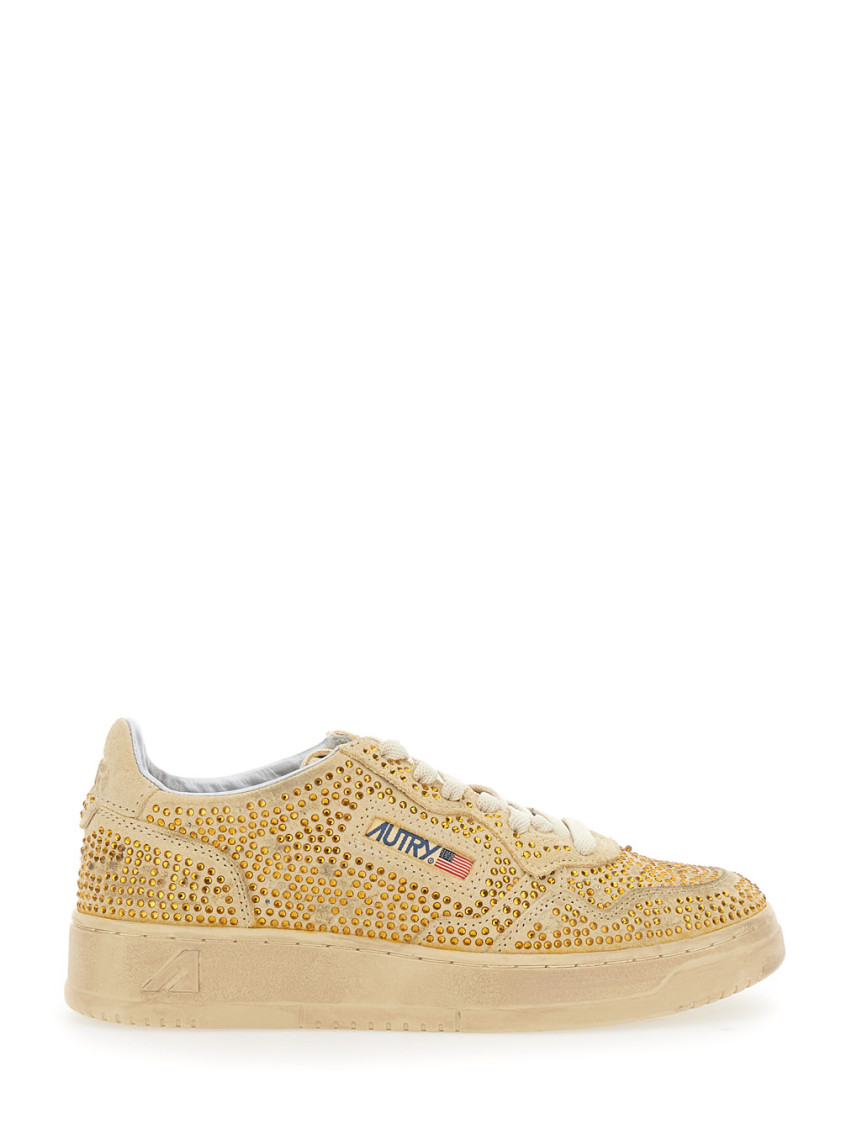 Autry Medalist Low Sneakers In Bronze Suede With Crystal Micro Rhinestones Shoes In Gold