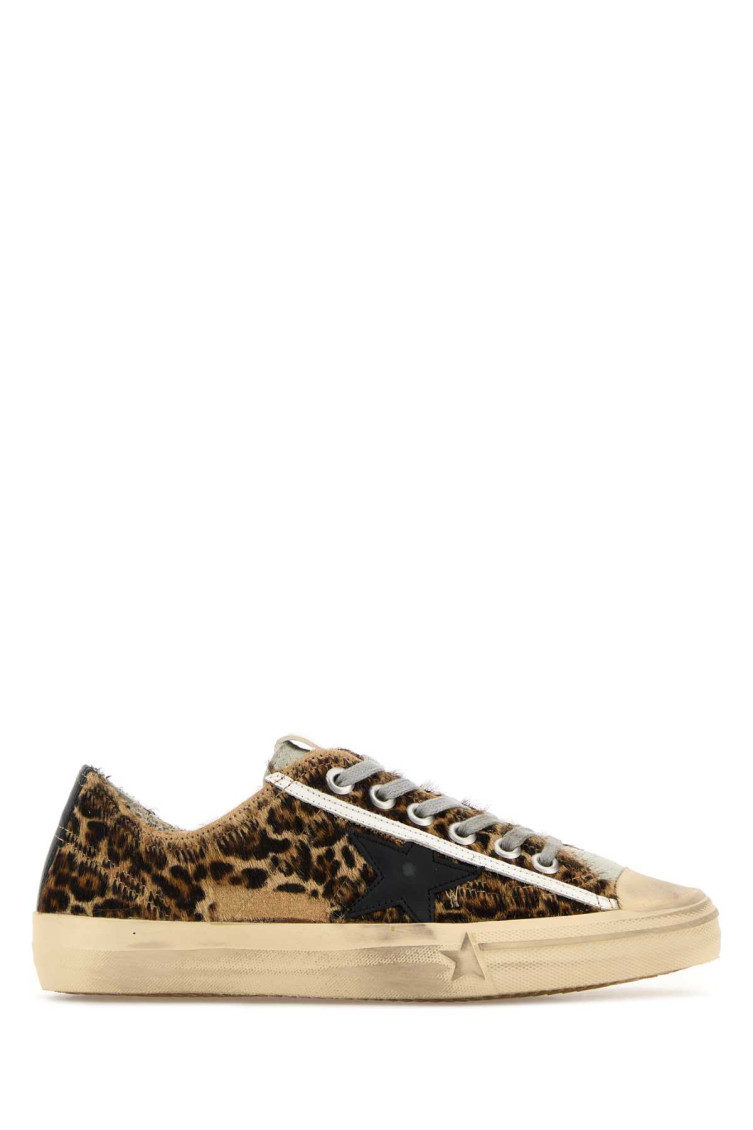 Golden Goose V-star In Leopard Pony Skin With Black Leather Star And Heel Tab In Brown