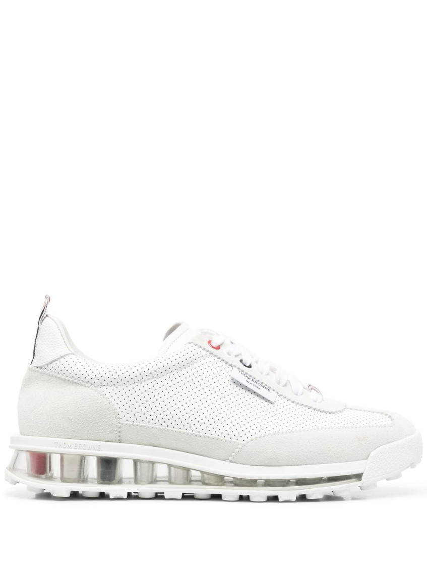 Thom Browne Perforated Leather Sneakers With Suede Overlays And Transparent Sole In White
