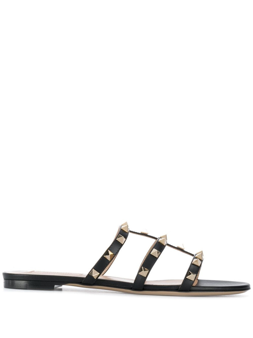 Shop Valentino Black Rockstud Leather Flats
