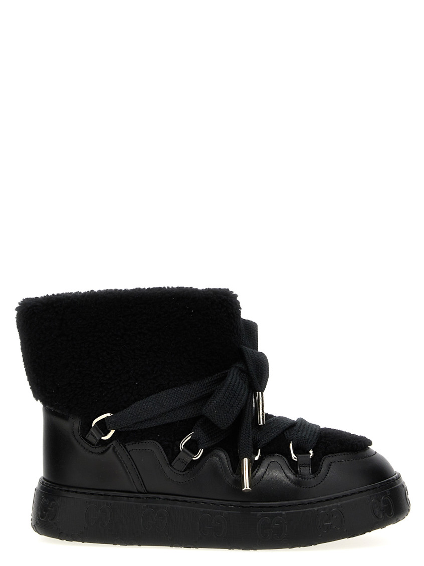 Gucci Shearling Trim Ankle Boots With Metal Eyelets In Black