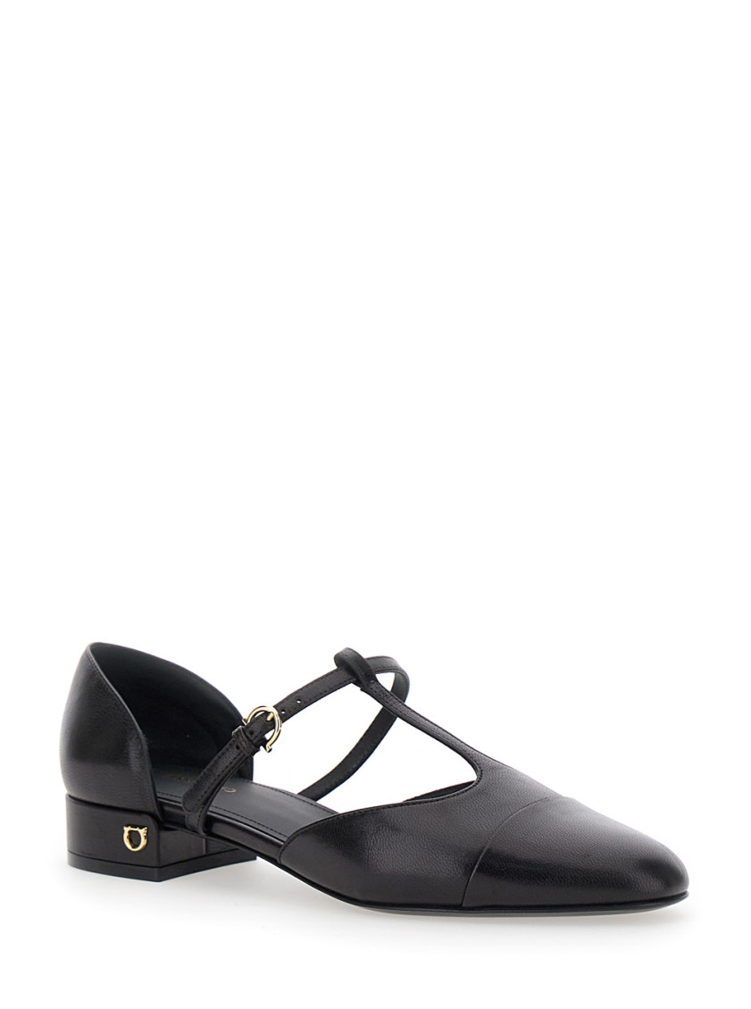 Ferragamo Linette Leather T-strap Ballerina Flats In Black