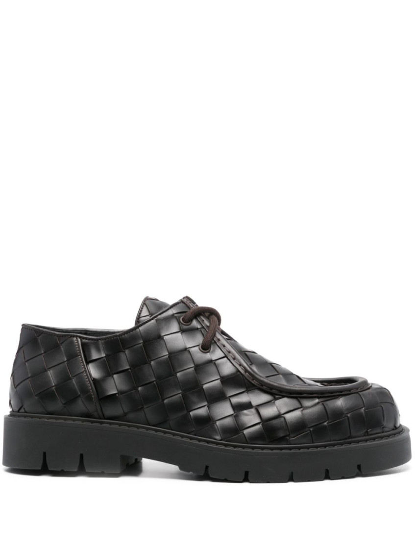 Bottega Veneta Haddock Lace Up Deep Calf Weave In Dark Brown