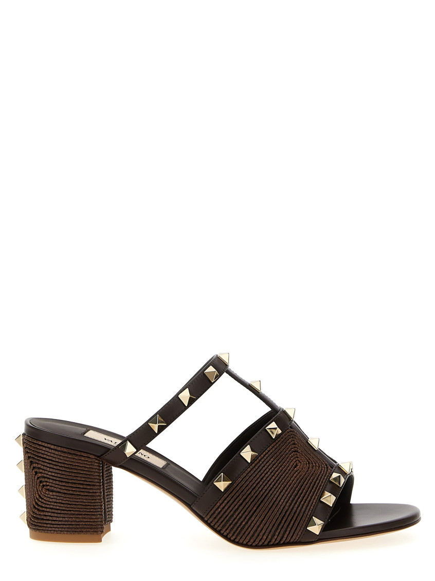 Valentino Rockstud Block Heel Sandals With Studded Embellishments In Brown