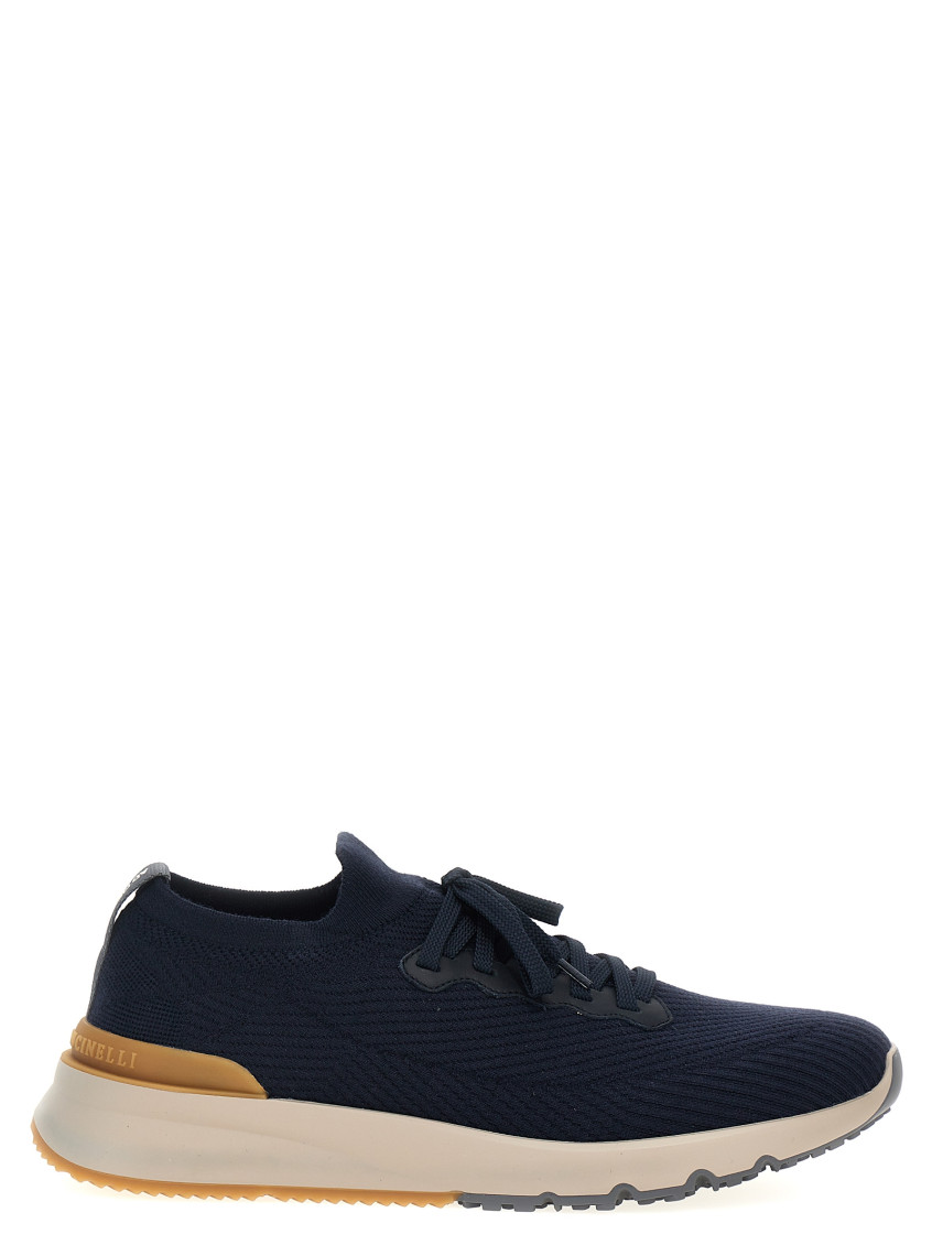 Brunello Cucinelli Leather-trimmed Stretch-knit Sneakers In Blue