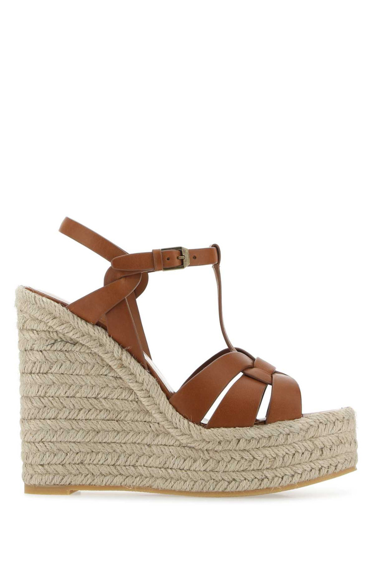 Saint Laurent Tribute Woven Leather Espadrille Wedge Sandals In Brown