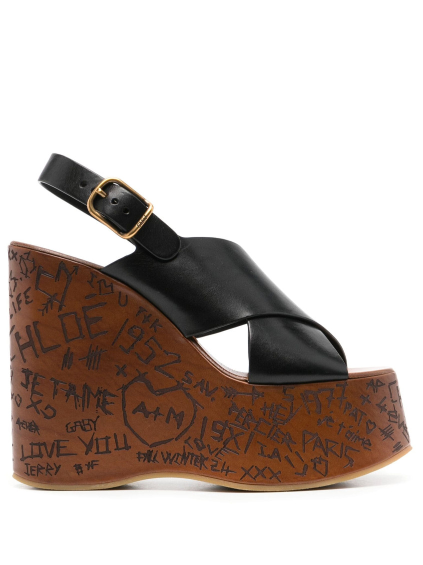 Chloé Maxime Leather Slingback Platform Wedge Sandals In Black