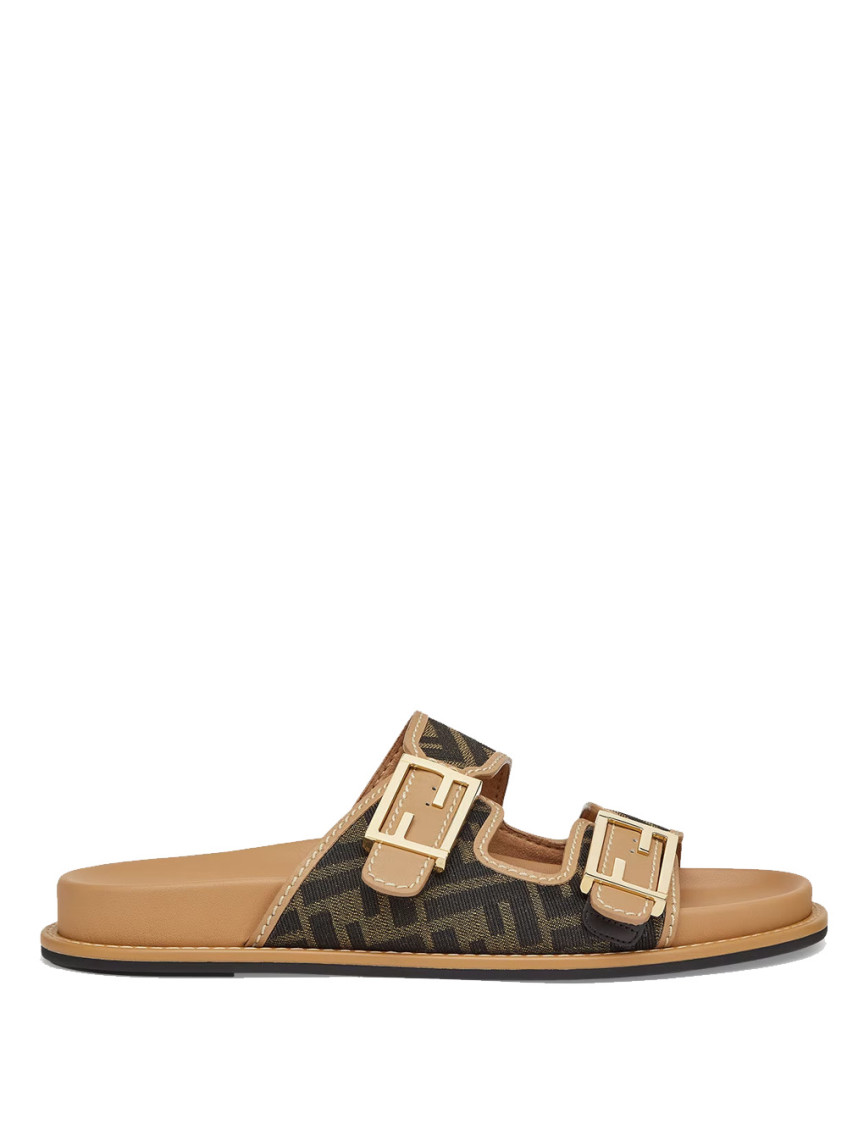 Fendi Ff Jacquard Dual Buckle Slide Sandals In Brown