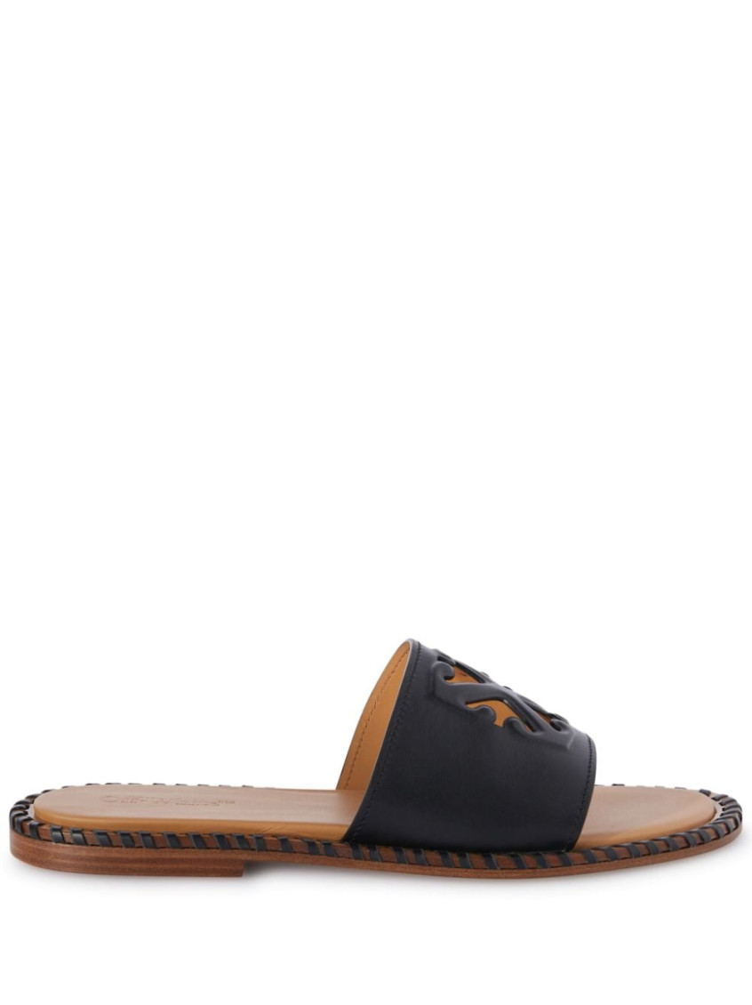 Off-white Twist Arrow Cut-out Leather Slides In Black