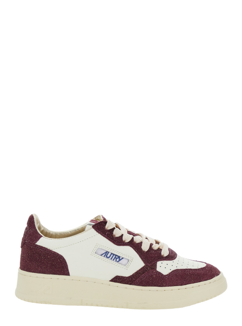 Autry Sneakers Medalist Low In Avory And Burgundy Glittered Leather. In Brown
