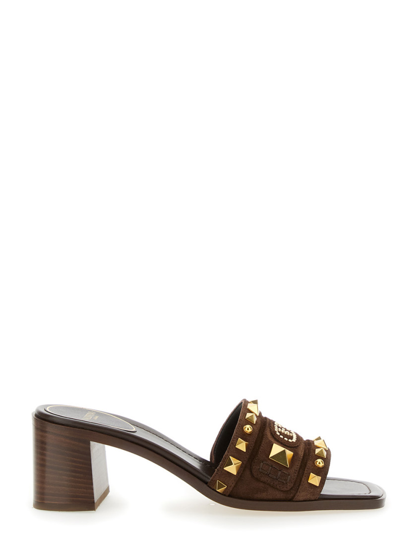 Valentino Garavani Brown Mules With Vlogo On The Front And Stud Embellishments In Leather Woman In Brown