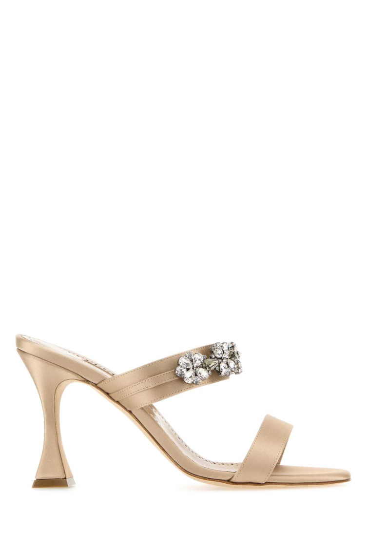 Manolo Blahnik Satin Pesan Mules Strap Embellished In Beige