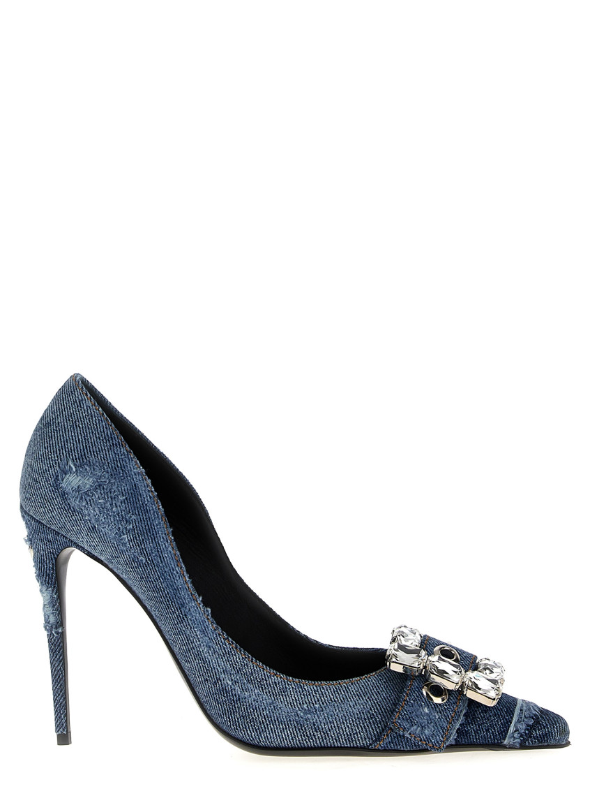 Shop Dolce & Gabbana Denim Crystal Embellished Pumps