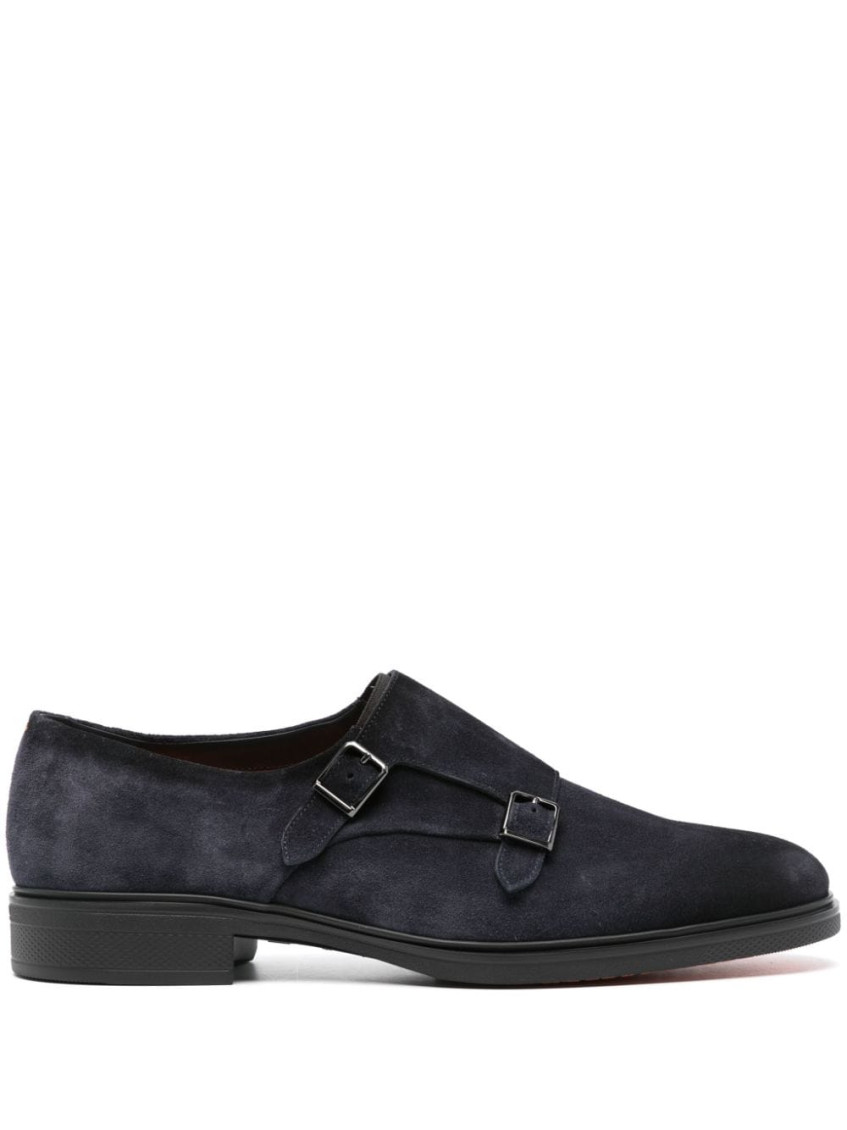 Santoni Round Toe Calf Suede Brogues With Rubber Sole In Navy Blue