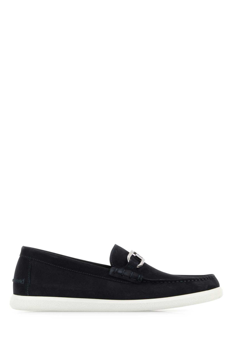 Shop Fendi Navy Blue Suede Loafers