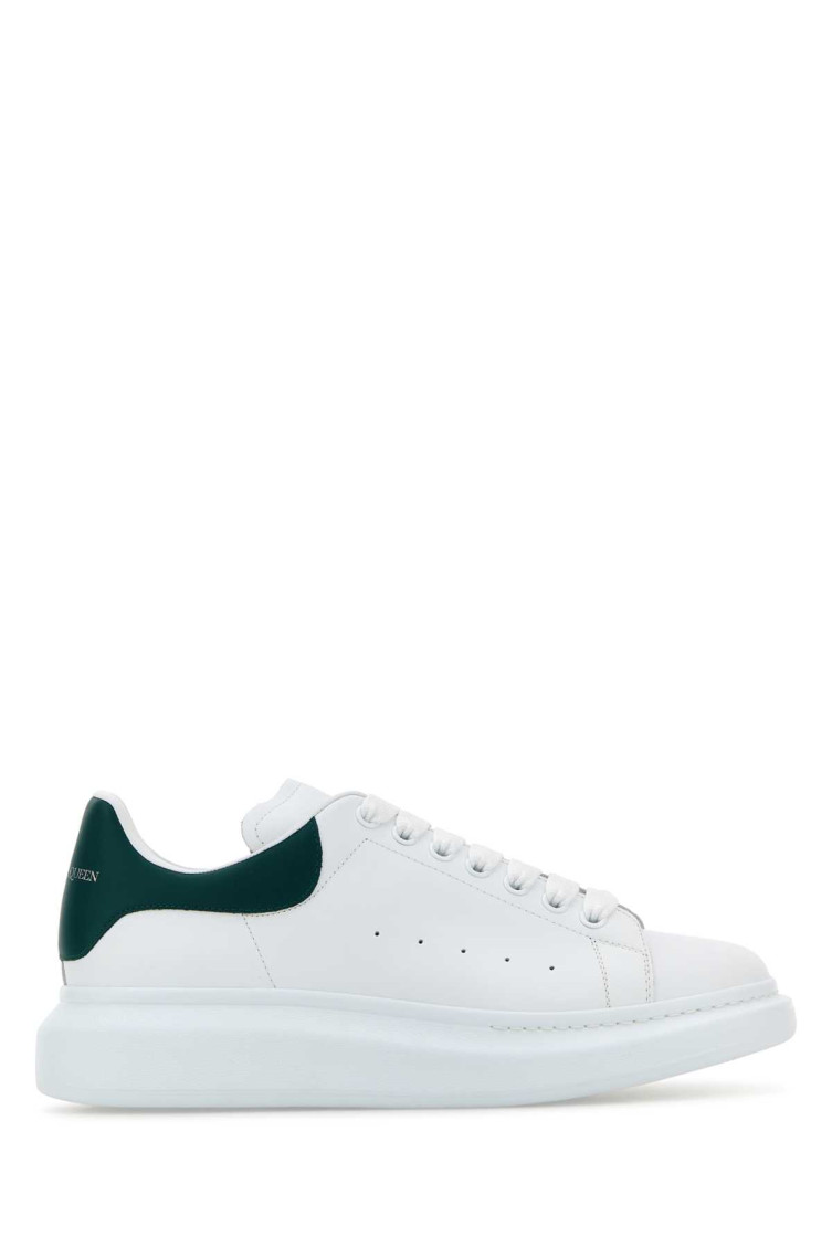Alexander Mcqueen White Leather Sneakers With Dark Green Leather Heel In White