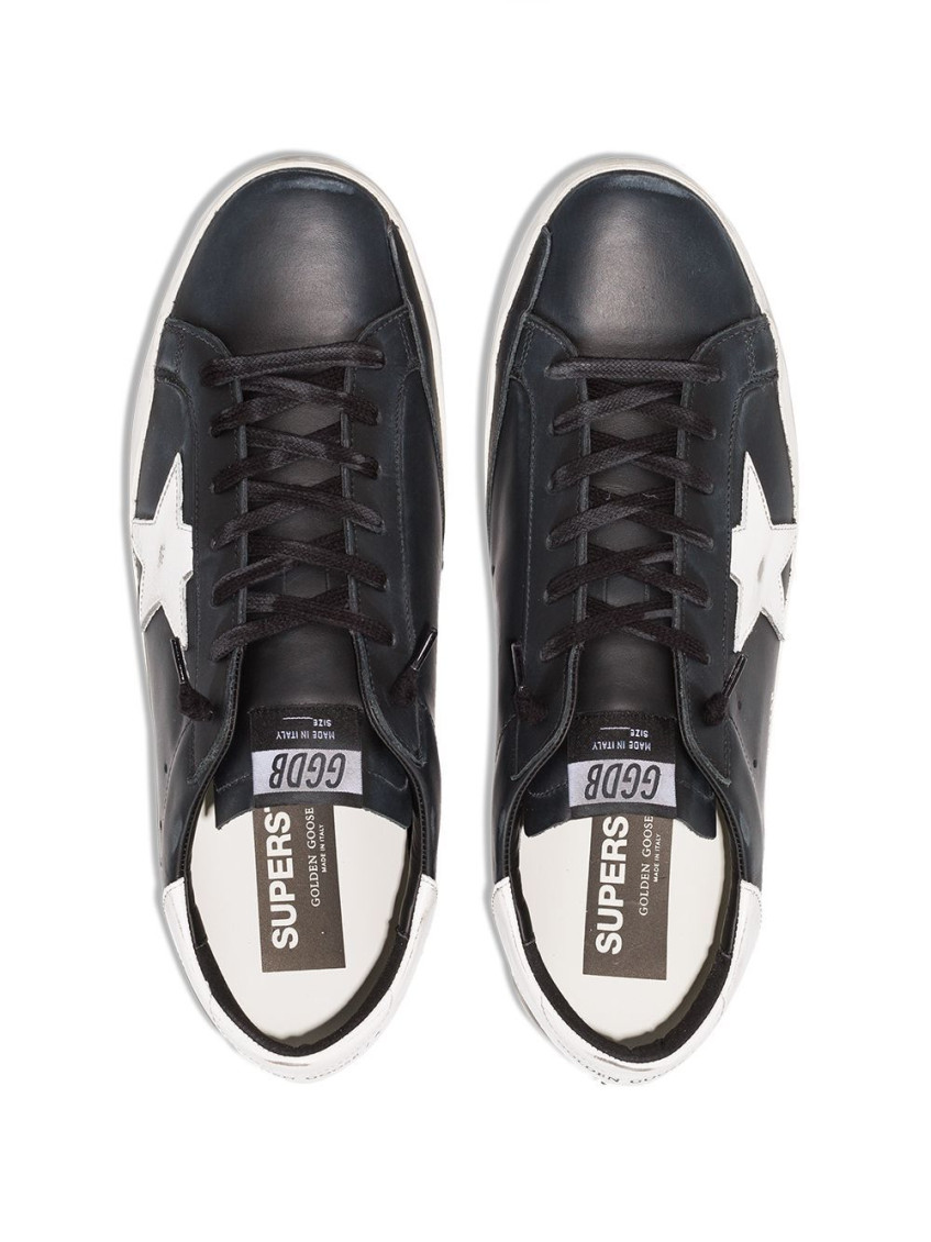 Golden Goose 'super-star' Black Low Top Sneakers With Logo Patch And Suede Details In Leather Man In Black